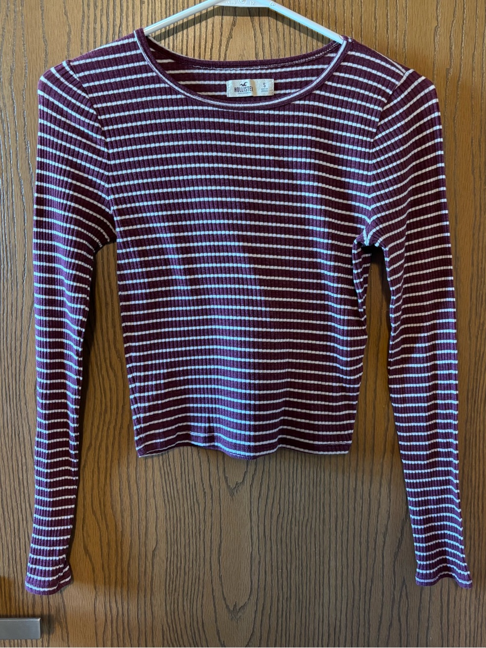 Hollister Burgundy and White Striped Ribbed Long-Sleeve Top